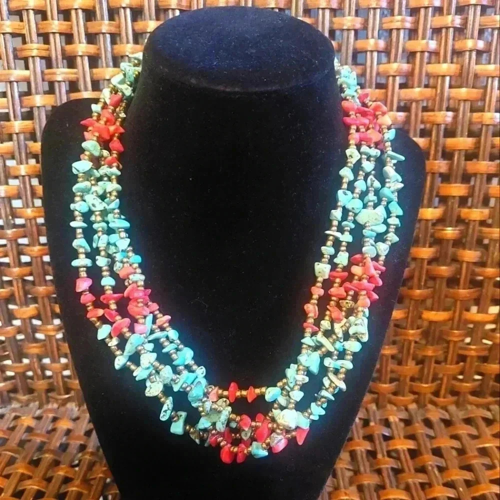 5 strand red coral? and turquoise? necklace 17" - 21" With Extention